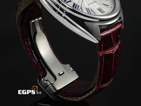 CARTIER 卡地亞 CLE DE CARTIER 鑰匙形錶冠 WSCL0017 銀色透明琺瑯雕紋錶盤 2021年保卡 酒紅色皮帶款 自動上鍊 35mm