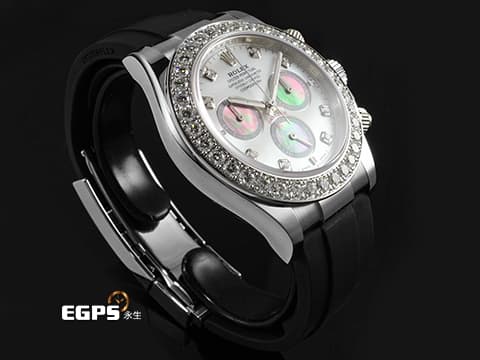 ROLEX 勞力士 Cosmograph Daytona 宇宙計時型 迪通拿 126589RBR 18K白金材質 原廠鑲嵌36顆鑽石錶圈、8顆鑽石時標 鮮明對比黑、白兩色珍珠貝母面盤 2025年保卡 賽車計時碼表 自動上鏈 40mm