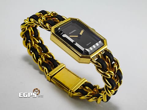 CHANEL 香奈兒 PREMIÈRE 18K黃金塗層不鏽鋼材質 鑲嵌凸圓形縞瑪瑙錶冠 S尺寸錶鍊 <12.8 - 14cm> 石英機芯 26.1x20mm