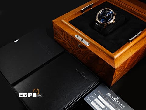 BLANCPAIN 寶鉑 Villeret 6654-3640-55B 18K玫瑰金材質 透明琺瑯漆藍色放射紋飾面盤 全日曆 經典寶珀笑臉月相顯示 2024年保卡 自動上鍊 40mm