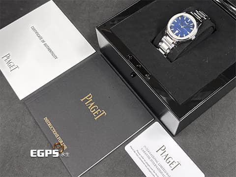 PIAGET 伯爵 Polo Date系列 G0A46018 機刻雕花橫紋藍色面盤 不鏽鋼材質 原鑲鑽石時標 2022年台保卡 自動上鍊 36mm