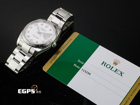 ROLEX 勞力士 DATAJUST CA 115234 不鏽鋼材質 18K白金材質太陽坑紋錶圈 原廠鑲嵌鑽石時標 2017年保卡 自動上鍊 34mm