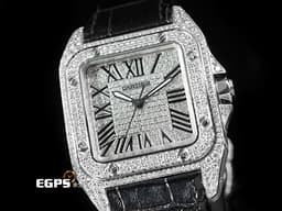 CARTIER 卡地亞 Santos 100 山度士 中型 <font color="#05f0f0">精鑲滿天星鑽石面盤、鑲鑽錶圈</font> 黑色客製化皮革錶帶 自動上鍊 36mm