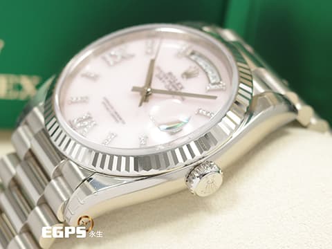 ROLEX 勞力士 Day-Date 36 蠔式 星期日曆型 128239 原廠鑲嵌56顆鑽石時標 粉紅色蛋白石面盤 18K白金材質 DD36 經典三角坑紋錶圈 2020年新式保卡 原廠膠膜未撕 自動上鏈 36mm