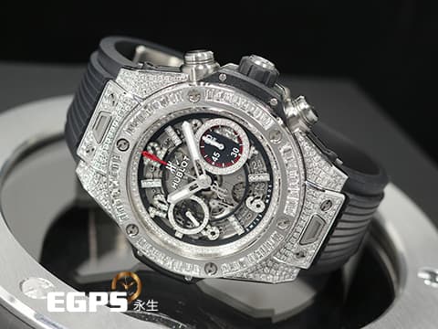 HUBLOT 宇舶 Big Bang Unico 45 Titanium 大爆炸 411.NE.2010.LR.JSM15 鈦金屬 飛返 計時碼表 精鑲鑽石、梯鑽錶框、鑽石時標 鏤空面盤 自動上鍊 45mm