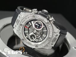 HUBLOT 宇舶 Big Bang Unico 45 Titanium 大爆炸 411.NE.2010.LR.JSM15 鈦金屬 飛返 計時碼表 <font color="#FF0000">精鑲鑽石、梯鑽錶框、鑽石時標 鏤空面盤</font> 自動上鍊 45mm