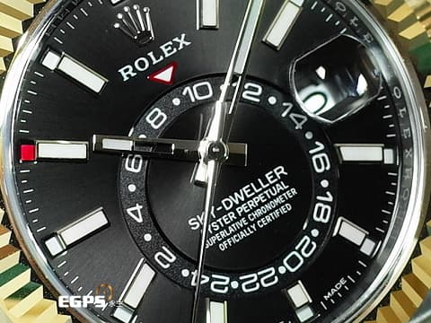 ROLEX 勞力士 Sky-Dweller 326933 蠔式 天行者 黑色面盤 沙羅系統 年曆錶 兩地時區 18K黃金 半金款 經典三角坑紋外圈 2021年保單 紀念型(Jubilee)五銖錶帶 自動上鍊 42mm