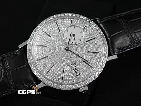 PIAGET 伯爵 Altiplano Small Seconds 小秒針 P10522 精鑲絕美鑽石錶圈、精鑲滿天星面盤 18K白金材質 經典838P超薄小三針機芯 手上鍊 40mm