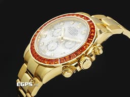 ROLEX 勞力士 Daytona 迪通拿 116578SACO 18K黃金材質<font color="#05f0f0"> </font><font color="#f4cfa4">停產款 白色珍珠貝母面盤 原廠鑲嵌橘色寶石錶圈 鑽石時標</font> <font color="#FF0000">2019年保卡 </font>自動上鍊 40mm