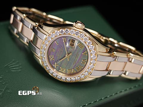 ROLEX 勞力士 Lady-Datejust Pearlmaster 69298 原廠鑲鑽 珍珠母貝面盤 18K黃金材質【三色金錶帶】 已回原廠檢修,延長保固至2027年 自動上鏈 28mm