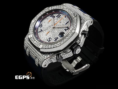 Audemars Piguet AP錶 愛彼錶 Royal Oak Offshore 皇家橡樹離岸型 26470ST.OO.A027CA.01 不鏽鋼材質 海軍 NAVY 精鑲天然滿天星鑽石表面、錶圈、錶殼 2016年保單 台灣公司貨 自動上鏈 42mm