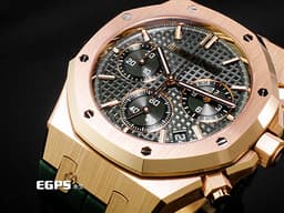 Audemars Piguet 愛彼 AP錶 Royal Oak Chronograph 皇家橡樹 <font color="#f2d8ab">18K玫瑰金材質</font> 26240OR.OO.D404CR.02 <font color="#3ebd0f">軍綠色「Grande Tapisserie」格紋面盤</font> 飛返 計時碼表 <font color="#FF0000">2026年保卡</font> 自動上鍊 41mm