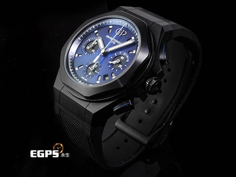 Girard Perregaux 芝柏 GP Laureato Absolute Chronograph 計時碼錶 桂冠系列 81060-21-491-FH6A 黑色PVD鍍層鈦金屬錶殼 藍色太陽紋面盤 2022年保卡 自動上鍊 44mm