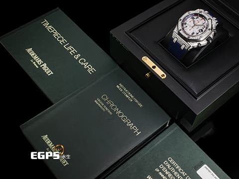 Audemars Piguet AP錶 愛彼錶 Royal Oak Offshore 皇家橡樹離岸型 26470ST.OO.A027CA.01 不鏽鋼材質 海軍 NAVY 精鑲天然滿天星鑽石表面、錶圈、錶殼 2016年保單 台灣公司貨 自動上鏈 42mm