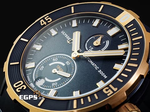 Ulysse Nardin 雅典 Diver 1185-170/BLUE 18K玫瑰金&藍色PVD鈦金屬材質 深藍色磨砂面盤 淺水錶 2025年保卡 自動上鍊 44mm