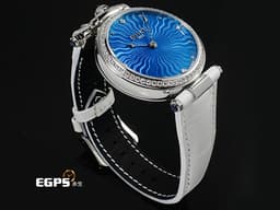 BOVET 播威 Miss Audrey AS36061SD12 不鏽鋼材質 <font color="#05f0f0">原廠鑲嵌103顆鑽石錶圈、錶耳 藍色電光藍機刻紋面盤 </font> <font color="#ff0000">附原廠項鍊 可作為腕錶佩戴、或作為項鍊佩戴 2025年保單 新錶訂價:1,050,000元</font> 自動上鍊 36.2mm