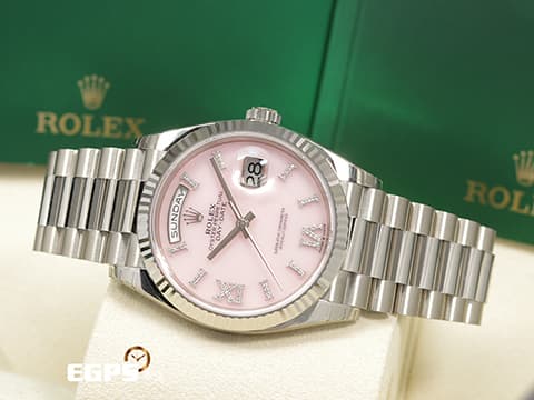 ROLEX 勞力士 Day-Date 36 蠔式 星期日曆型 128239 原廠鑲嵌56顆鑽石時標 粉紅色蛋白石面盤 18K白金材質 DD36 經典三角坑紋錶圈 2020年新式保卡 原廠膠膜未撕 自動上鏈 36mm