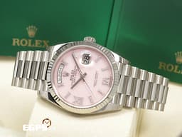 ROLEX 勞力士 Day-Date 36 蠔式 星期日曆型 128239<font color="#FF0000"> </font><font color="#f6d2de">原廠鑲嵌56顆鑽石時標 粉紅色蛋白石面盤</font> 18K白金材質 DD36 經典三角坑紋錶圈 <font color="#ff0000">2020年新式保卡 原廠膠膜未撕</font> 自動上鏈 36mm