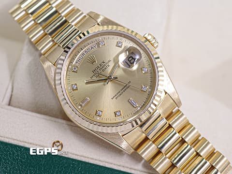 ROLEX 勞力士 Day-Date 36 蠔式 星期日曆型 18238A 原廠鑽石時標 皇帝金色面盤 18K黃金材質 DD36 經典三角坑紋錶圈 18238 A 元首型(President)錶帶 總統帶 自動上鍊 36mm