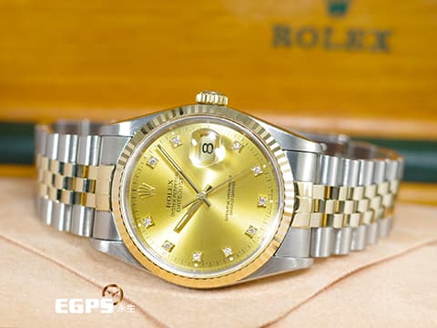 ROLEX 勞力士 DATEJUST 16233 經典蠔式日誌型 不鏽鋼&18K黃金材質 半金款 鑲嵌鑽石時標 香檳金色面盤 自動上鍊 36mm