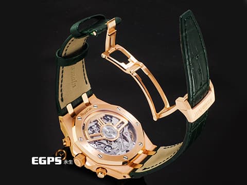 Audemars Piguet 愛彼 AP錶 Royal Oak Chronograph 皇家橡樹 18K玫瑰金材質 26240OR.OO.D404CR.02 軍綠色「Grande Tapisserie」格紋面盤 飛返 計時碼表 2026年保卡 自動上鍊 41mm