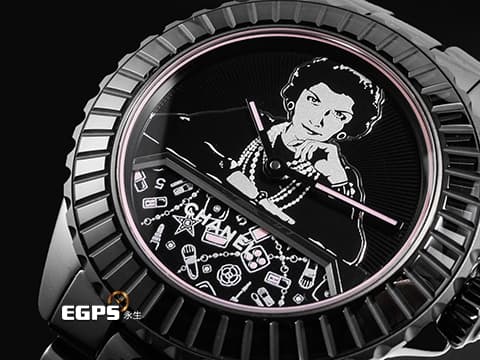 CHANEL 香奈兒 MADEMOISELLE J12 BLUSH CALIBER H10313 香奈兒女士面盤 黑色漆面搭配粉紅彩妝品圖騰轉盤(每五分鐘轉一圈,巧妙的展示妝品圖案) 錶冠鑲嵌約0.16克拉鑽石 2025年保卡 限量款 自動上鏈 33mm