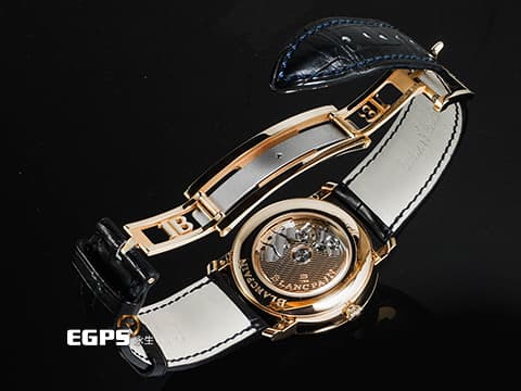 BLANCPAIN 寶鉑 Villeret 6654-3640-55B 18K玫瑰金材質 透明琺瑯漆藍色放射紋飾面盤 全日曆 經典寶珀笑臉月相顯示 2024年保卡 自動上鍊 40mm