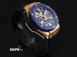 HUBLOT 宇舶 Big Bang 大爆炸 Unico King 441.OL.5181.RX <font color="#f4c662">宇舶獨特材質 王金</font> <font color="#0582f5">藍色陶瓷錶圈 藍色鏤空面盤</font> <font color="#ff0000">2026年電子保單</font> 自動上鍊 42mm