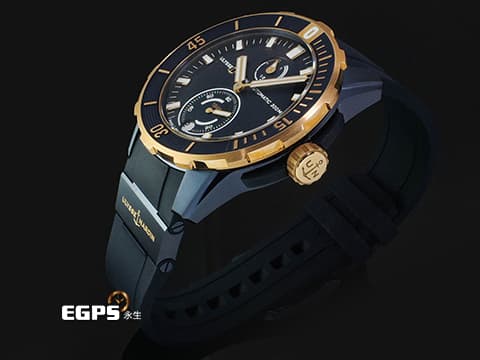 Ulysse Nardin 雅典 Diver 1185-170/BLUE 18K玫瑰金&藍色PVD鈦金屬材質 深藍色磨砂面盤 淺水錶 2025年保卡 自動上鍊 44mm