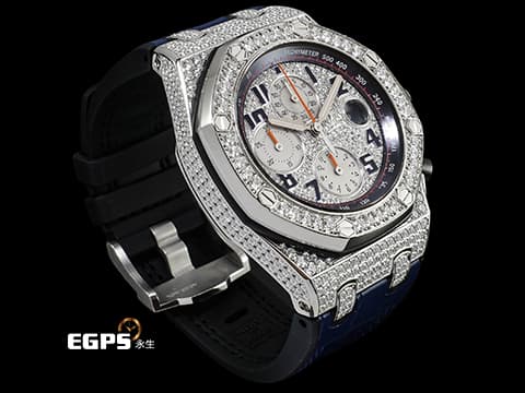 Audemars Piguet AP錶 愛彼錶 Royal Oak Offshore 皇家橡樹離岸型 26470ST.OO.A027CA.01 不鏽鋼材質 海軍 NAVY 精鑲天然滿天星鑽石表面、錶圈、錶殼 2016年保單 台灣公司貨 自動上鏈 42mm