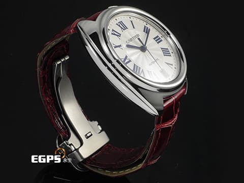 CARTIER 卡地亞 CLE DE CARTIER 鑰匙形錶冠 WSCL0017 銀色透明琺瑯雕紋錶盤 2021年保卡 酒紅色皮帶款 自動上鍊 35mm