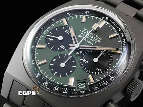ZENITH 真力時 CHRONOMASTER 97.T384.400 Revival Safari復刻版 啞光微噴砂鈦金屬材質 「Ladder」錶鏈 深綠色熊貓錶盤 米色螢光指針及時標 2025年保卡 專賣店限定款 僅收藏未使用品 自動上鍊 37mm