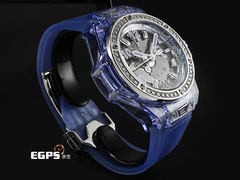 HUBLOT 宇舶 Big Bang 大爆炸 465.JL.4802.RT.1204 藍色水晶材質 快拆功能設計 【絕版增值艷麗款】極少見薰衣草藍水晶錶殼 <特殊藍寶石水晶收藏盒>原廠鑲嵌鑽石錶圈 2019年保卡 全球限量200支 新錶訂價:2,616,000元 自動上鍊 39mm