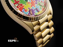 ROLEX 勞力士 Day-Date 36 蠔式 星期日曆型 128238 DD36 18K黃金材質 <font color="#05f0f0">稀有款 Puzzle Dial Tiffany 綠松石色拼圖面盤 每天都是不同圖案的日期窗</font> <font color="#fa00fa">彩虹色寶石時標</font> <font color="#FF0000">2026年保卡 元首型(President)錶帶 總統帶</font> 自動上鍊 36mm