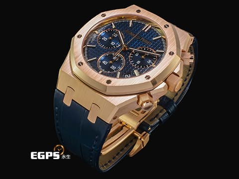 Audemars Piguet 愛彼 AP錶 Royal Oak Chronograph 皇家橡樹 18K玫瑰金材質 26240OR.OO.D315CR.02 夜雲藍色「Grande Tapisserie」格紋面盤 飛返 計時碼表 2026年保卡 自動上鍊 41mm