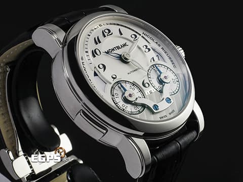 MONTBLANC 萬寶龍 Nicolas Rieussec Chronograph 7138 明星傳承系列 106595 尼可拉斯 三日鍊 單按把 計時碼表 兩地時間 灰色偏心面盤 不鏽鋼材質 自動上鍊 43mm