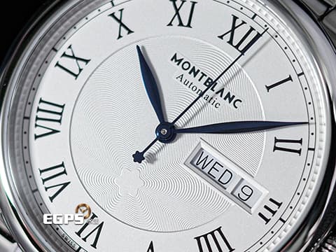 MONTBLANC 萬寶龍 Star Legacy Day Date 明星傳承系列 128687 銀白色放射星形扭索飾紋錶盤 藍鋼指針 不鏽鋼 星期日期顯示 大三針 2026年保單 自動上鍊 39mm