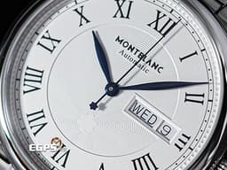 MONTBLANC 萬寶龍 Star Legacy Day Date 明星傳承系列 128687 銀白色放射星形扭索飾紋錶盤 <font color="#0c28b0">藍鋼指針</font> 不鏽鋼 星期日期顯示 大三針 <font color="#ff0000">2026年保單 </font>自動上鍊 39mm