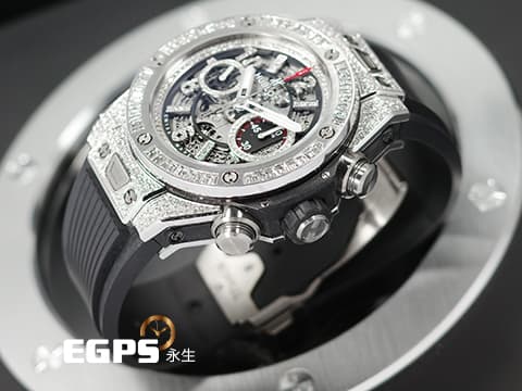 HUBLOT 宇舶 Big Bang Unico 45 Titanium 大爆炸 411.NE.2010.LR.JSM15 鈦金屬 飛返 計時碼表 精鑲鑽石、梯鑽錶框、鑽石時標 鏤空面盤 自動上鍊 45mm