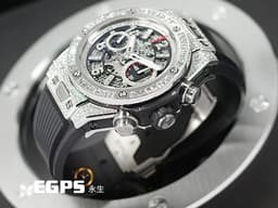 HUBLOT 宇舶 Big Bang Unico 45 Titanium 大爆炸 411.NE.2010.LR.JSM15 鈦金屬 飛返 計時碼表 <font color="#FF0000">精鑲鑽石、梯鑽錶框、鑽石時標 鏤空面盤</font> 自動上鍊 45mm