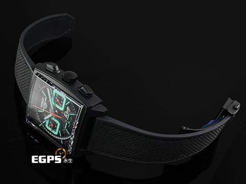 Tag Heuer 泰格 豪雅 Monaco Chronograph 摩納哥 CBL2184.FT6236 計時碼錶 黑色DLC塗層鈦金屬材質 Tiffany 綠松石色夜光計時錶盤 鏤空面盤 2026年保卡 賽車錶 自動上鍊 39mm