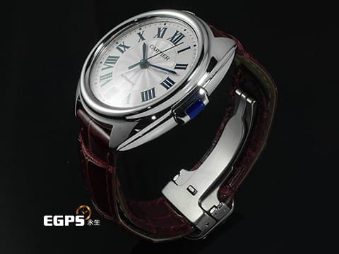 CARTIER 卡地亞 CLE DE CARTIER 鑰匙形錶冠 WSCL0017 銀色透明琺瑯雕紋錶盤 2021年保卡 酒紅色皮帶款 自動上鍊 35mm