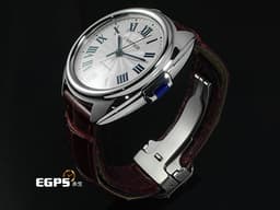 CARTIER 卡地亞 CLE DE CARTIER 鑰匙形錶冠 WSCL0017 <font color="#05f0f0">銀色透明琺瑯雕紋錶盤</font> <font color="#FF0000">2021年保卡</font> 酒紅色皮帶款 自動上鍊 35mm