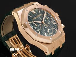 Audemars Piguet 愛彼 AP錶 Royal Oak Chronograph 皇家橡樹 <font color="#f2d8ab">18K玫瑰金材質</font> 26240OR.OO.D404CR.02 <font color="#3ebd0f">軍綠色「Grande Tapisserie」格紋面盤</font> 飛返 計時碼表 <font color="#FF0000">2026年保卡</font> 自動上鍊 41mm