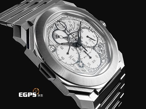BVLGARI 寶格麗 Bulgari Octo Finissimo系列 104192 手繪機芯草圖銀色面盤 環形自動盤 八角形多稜角設計錶框 小秒針 超薄 GMT 不鏽鋼材質 2024年保卡 限量140支 自動上鍊 40mm