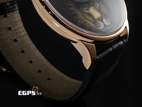 JAQUET DROZ 雅克德羅 Petite Heure Minute Lion 黑色大明火琺瑯面盤 百獸之王獅子微縮繪畫工藝 J005033321 18L玫瑰金材質 自動上鍊 2024年保單 僅試戴收藏品 全球限量28只 43mm