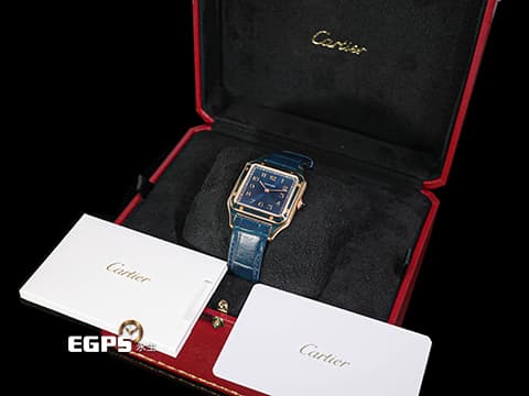 CARTIER 卡地亞 Santos-Dumont 山度士 杜蒙特 WGSA0098 經典 大型款 真漆孔雀藍面盤、錶背鐫刻親筆簽名 玫瑰金材質 2025年保卡 手上鍊 43.5x31.4mm