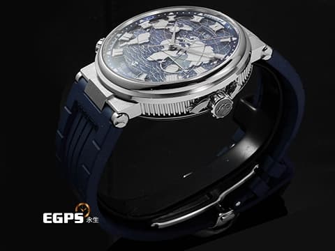 BREGUET 寶璣 Marine Hora Mundi 5557BB/YS/5WV 18K白金材質 波浪圖案面盤 海岸線世界地圖 子午線邊框藍寶石水晶頂層 可記憶兩個獨立時區,透過8點鐘方向按鈕切換時區 2023年保單 台灣公司貨 新錶參考訂價:2,613,000元 自動上鍊 43.9mm