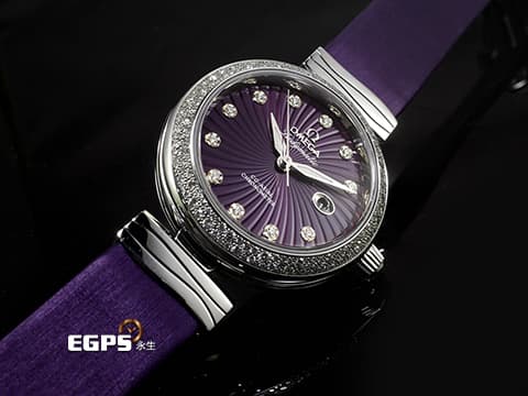 OMEGA 歐米茄 Ladymatic DeVille 碟飛 42537342060001 不鏽鋼材質 紫色旋渦珍珠貝母面盤 原廠鑲嵌鑽石時標、雪花錶圈 同軸擒縱 自動上鍊 34mm