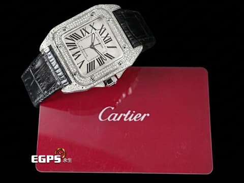 CARTIER 卡地亞 Santos 100 山度士 中型 白色面盤 精鑲鑽框 黑色羅馬數字 經典大三針 2024年保單 自動上鏈 36mm